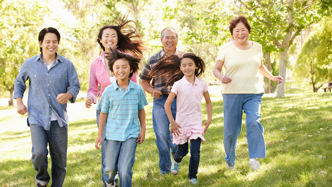 asians in different generations running smiling