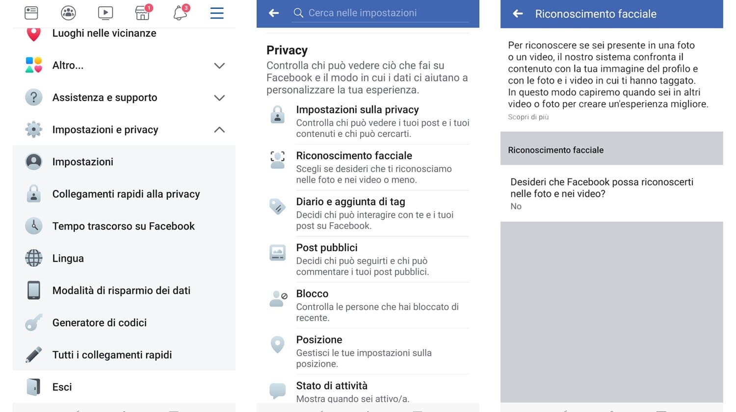 Impostazioni riconoscimento facciale di Facebook