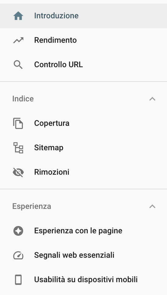Google Search Console menu