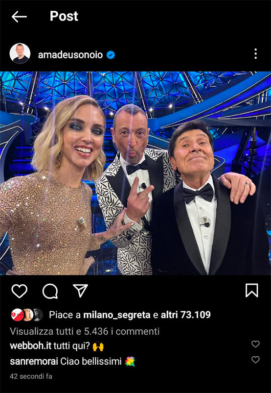 Uno screenshot del primo post del profilo amadusonoio dopo pochi secondi dalla pubblicazione
