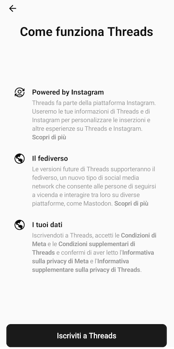 Screenshot della schermata di Threads al momento dell'iscrizione, in cui parla del Fediverso