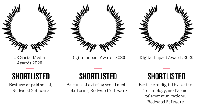 UK Social Media Awards 2020: Shortlisted "Best use of paid social, Redwood Software" Digital Impact Awards 2020: Shortlisted "Best use of existing social media platforms, Redwood Software" Digital Impact Awards 2020: Shortlisted "Best use of digital by sector: Technology, media and telecommunications, Redwood Software"