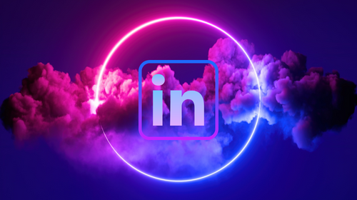 LinkedIn logo in neon circle with clouds