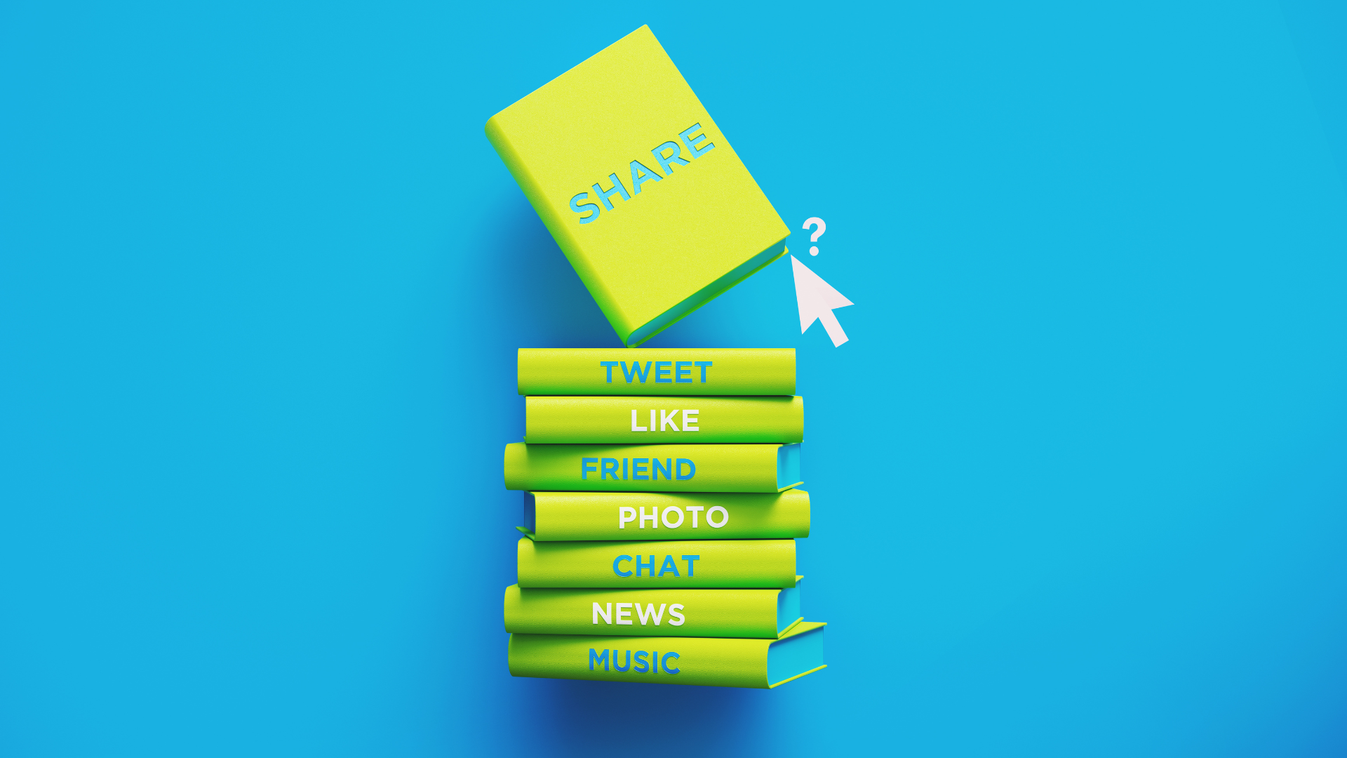 Books of share tweet like friend photo chat news music social media on blue background