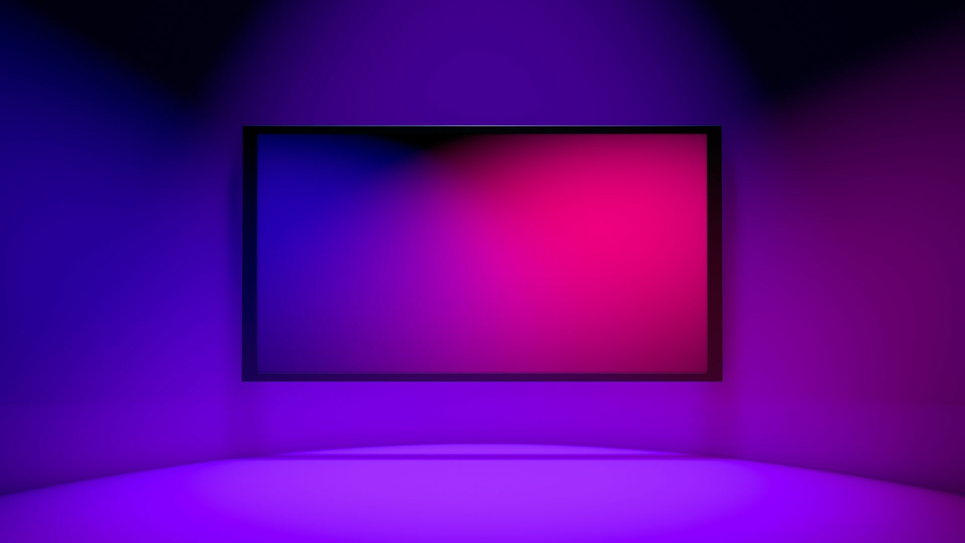 Tv on wall surrounded by neon purple, blue and red lights.