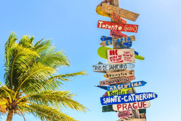 Sign pointing in multiple directions, writing for different languages