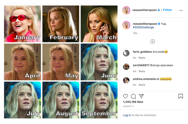 Instagram post of Reese Witherspoon and 2020 challenge with different characters for each month of the year