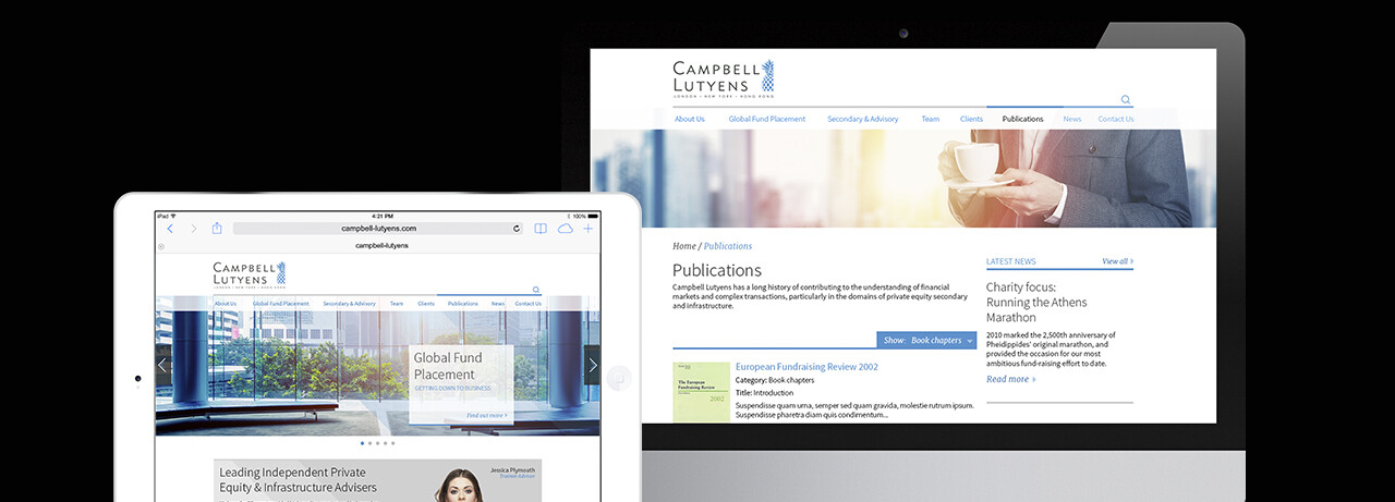 Web pages, including images of a person holding a cup and building