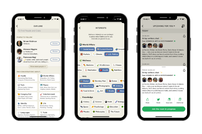 Screenshots of Clubhouse app topics 
