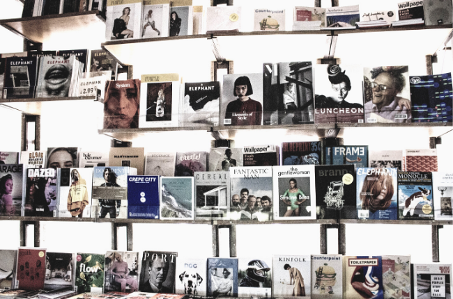 Magazines on shelf