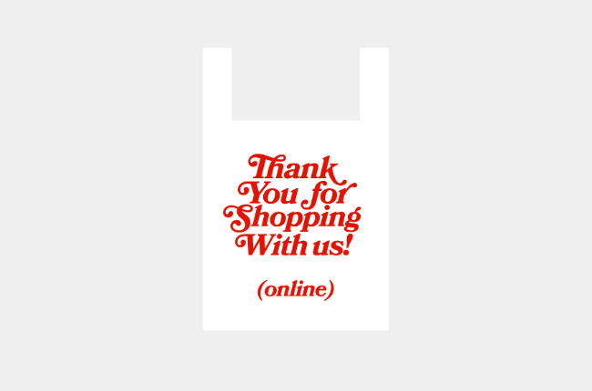 Illustration of shopping bag with red lettering "Thank you for shopping with us! (online)"