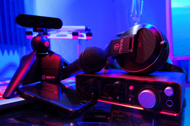 Mic, headphones, phone and videography gear