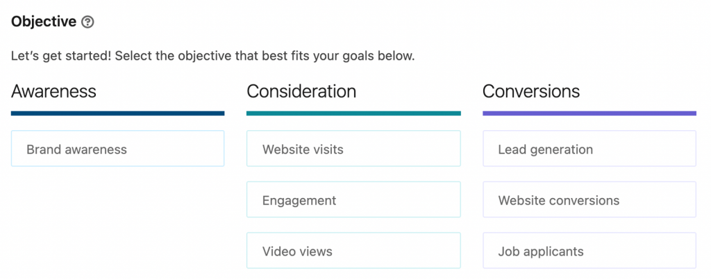 Screenshot of LinkedIn campaign objectives