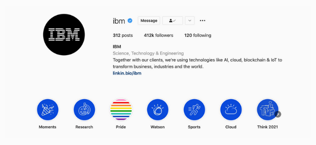 Screenshot of IBM's Instagram bio