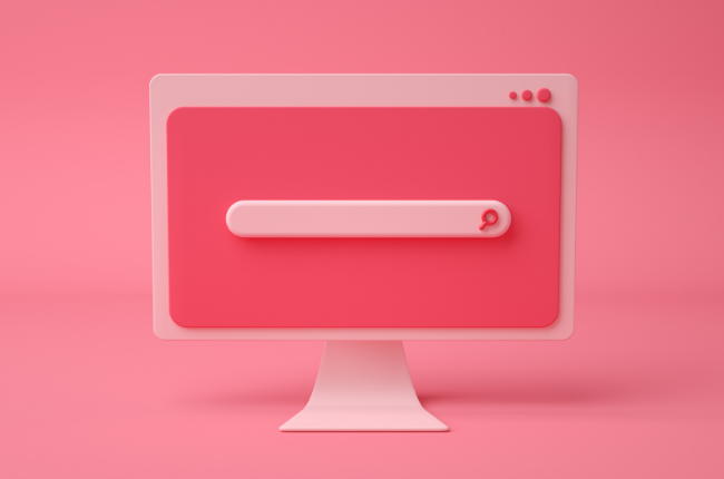 Pink 3D render of computer with search bar