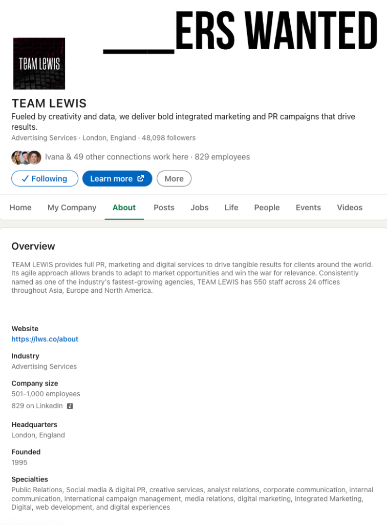 LinkedIn Company Page About info example