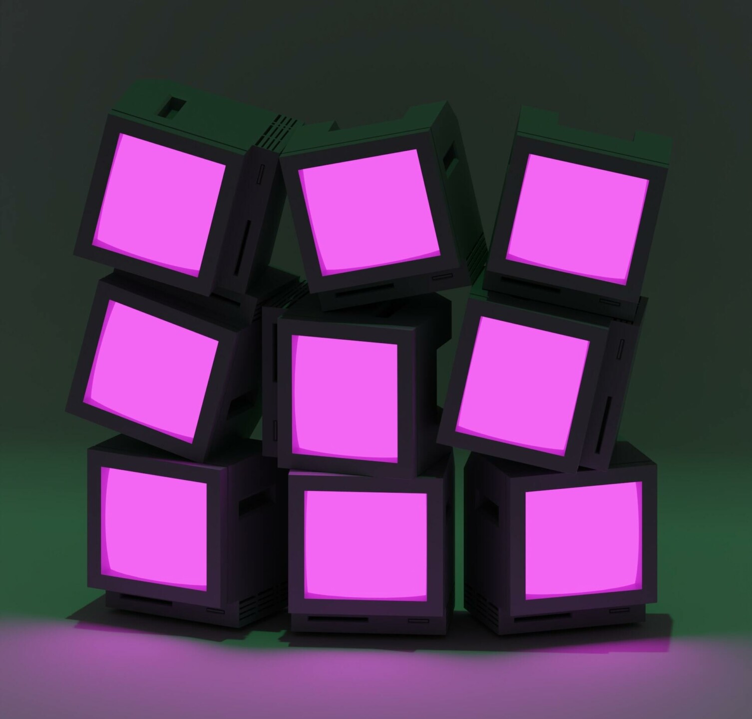 nine stacked computers with pink screens