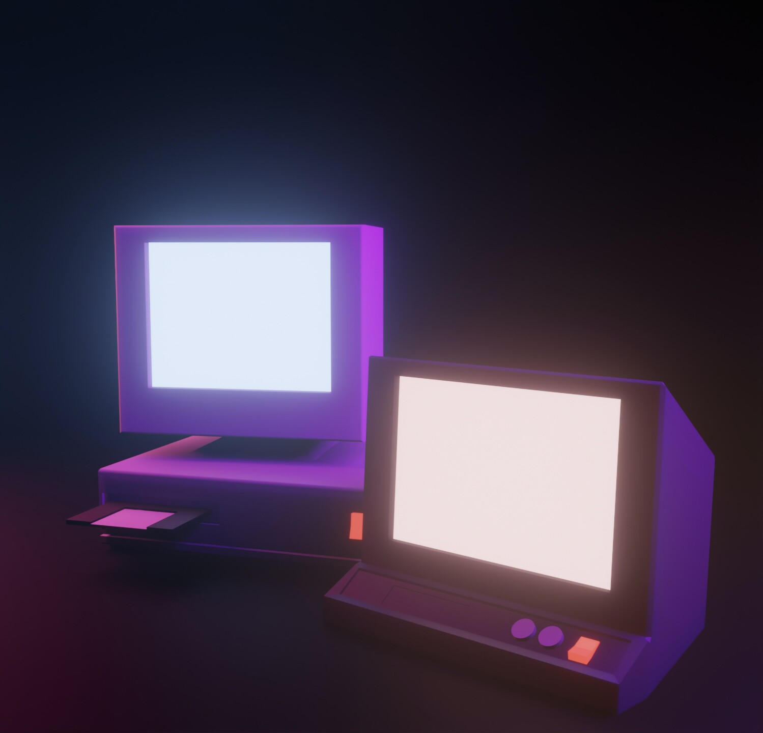 two old computers lit up