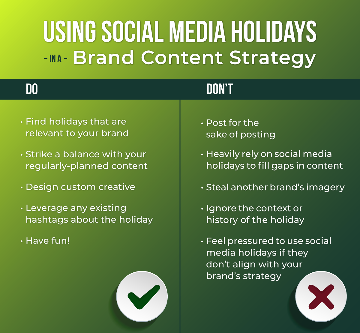 Chart detailing holiday social media tips and the do's and don't of making a social media holiday content strategy.