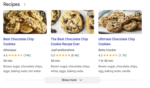 Example of a recipe featured snippet in Google search results 